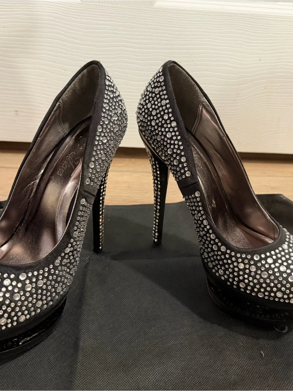Source Unknown Black Crystal-Studded Platform Stiletto Heels